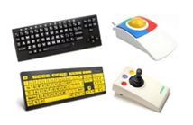 Four assistive technology devices, including a trackball, joystick, large key keyboard, and high contrast keyboard